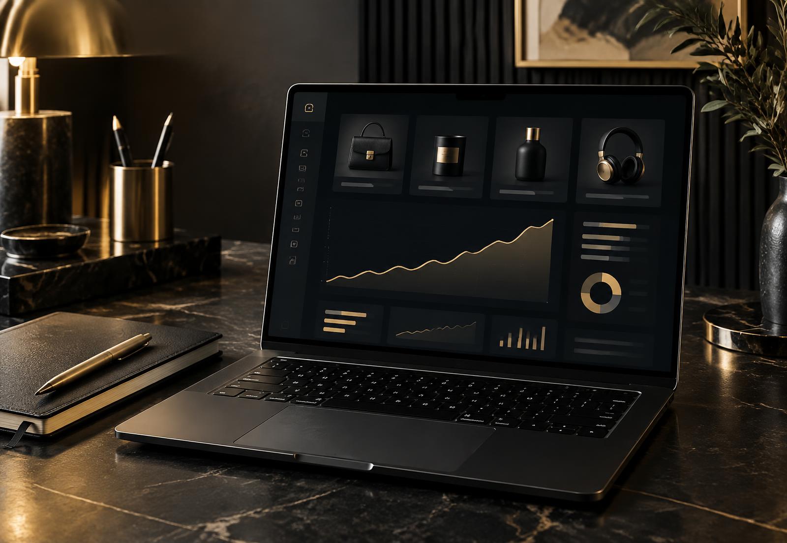A laptop and digital product planning workspace